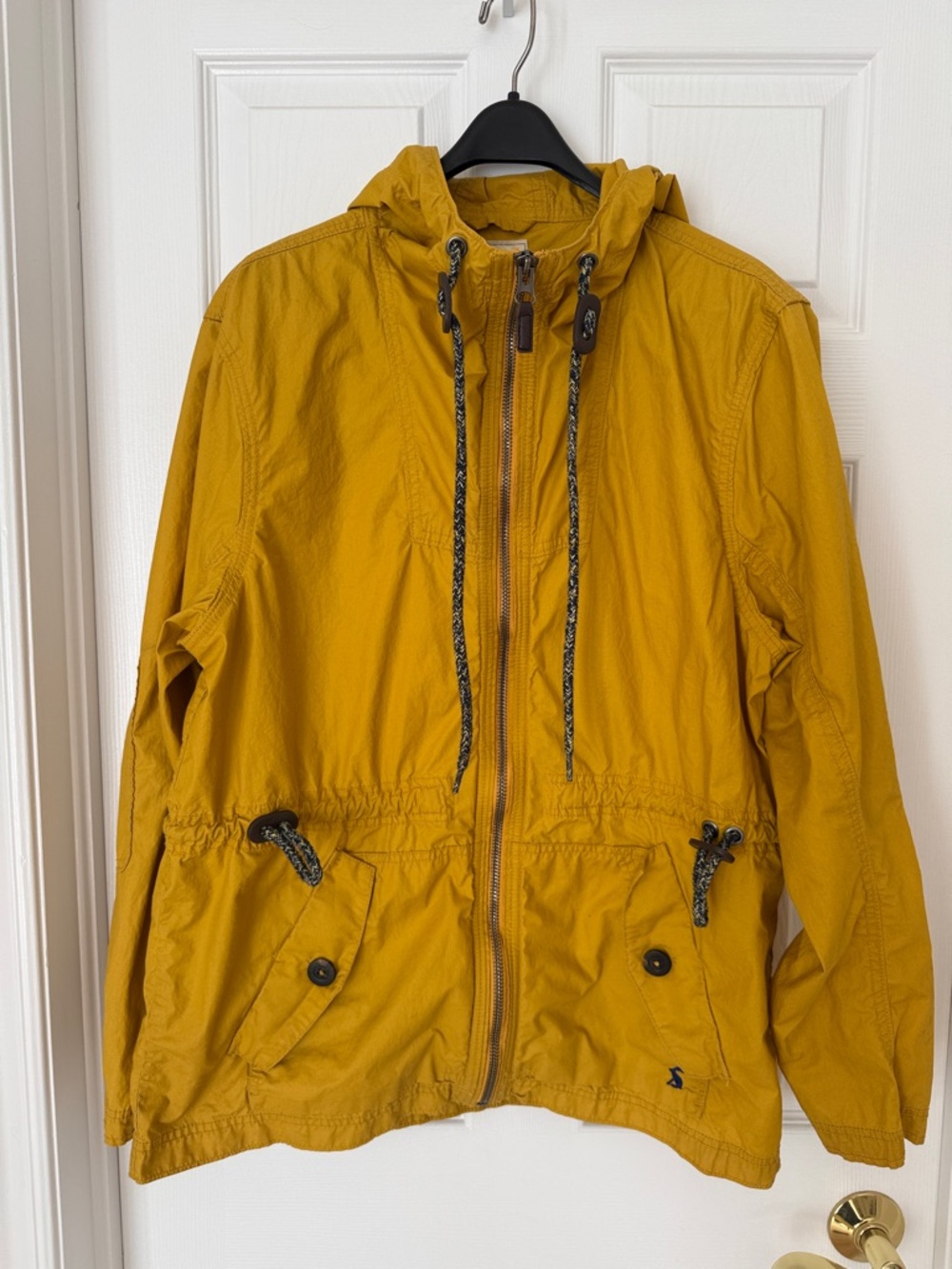 Joules Antique Gold Hooded Raincoat Style Coat – Size L, Cotton, Unlined